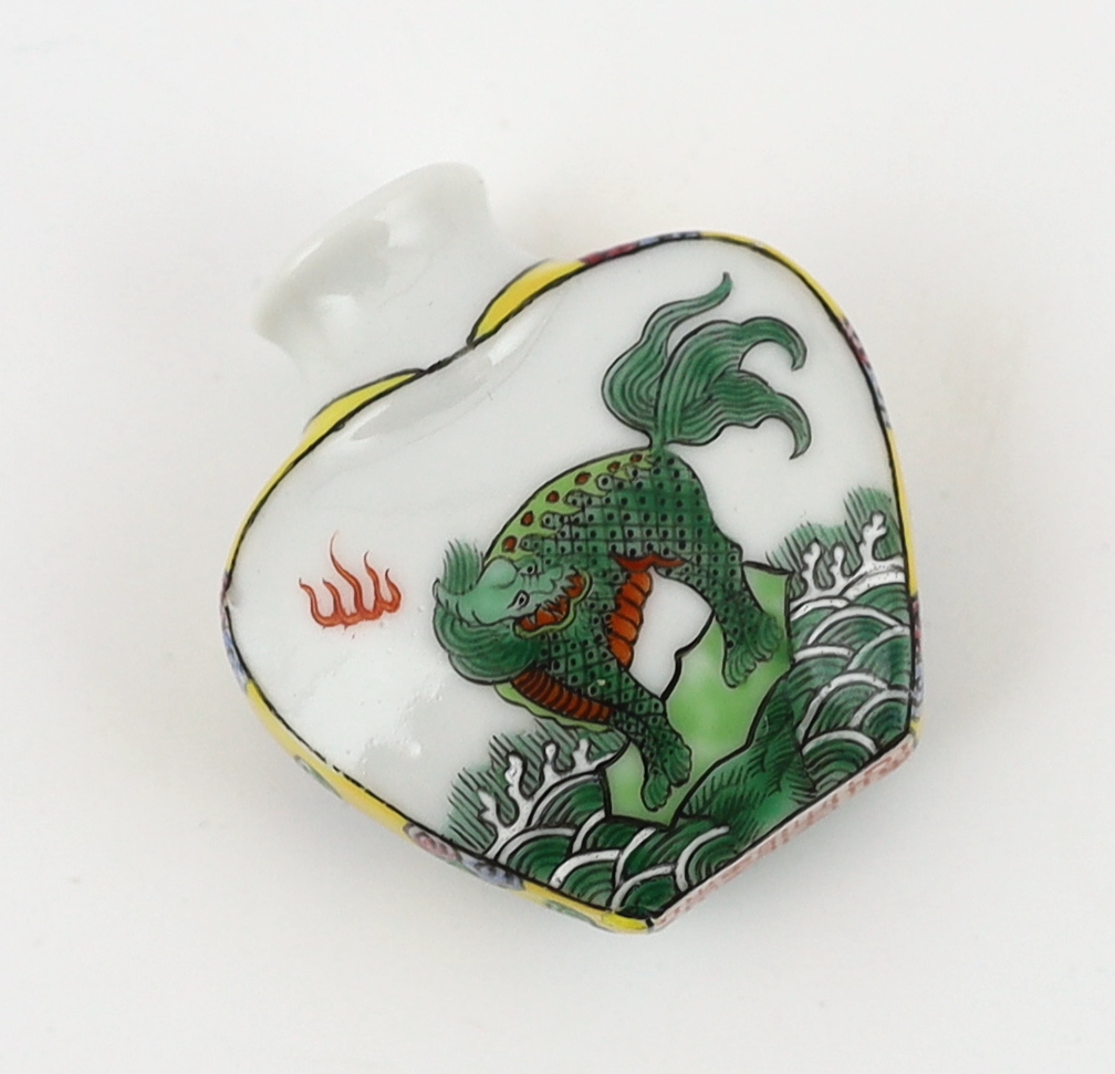A Chinese enamelled porcelain 'double qilin' snuff bottle, Qianlong mark, 19th century